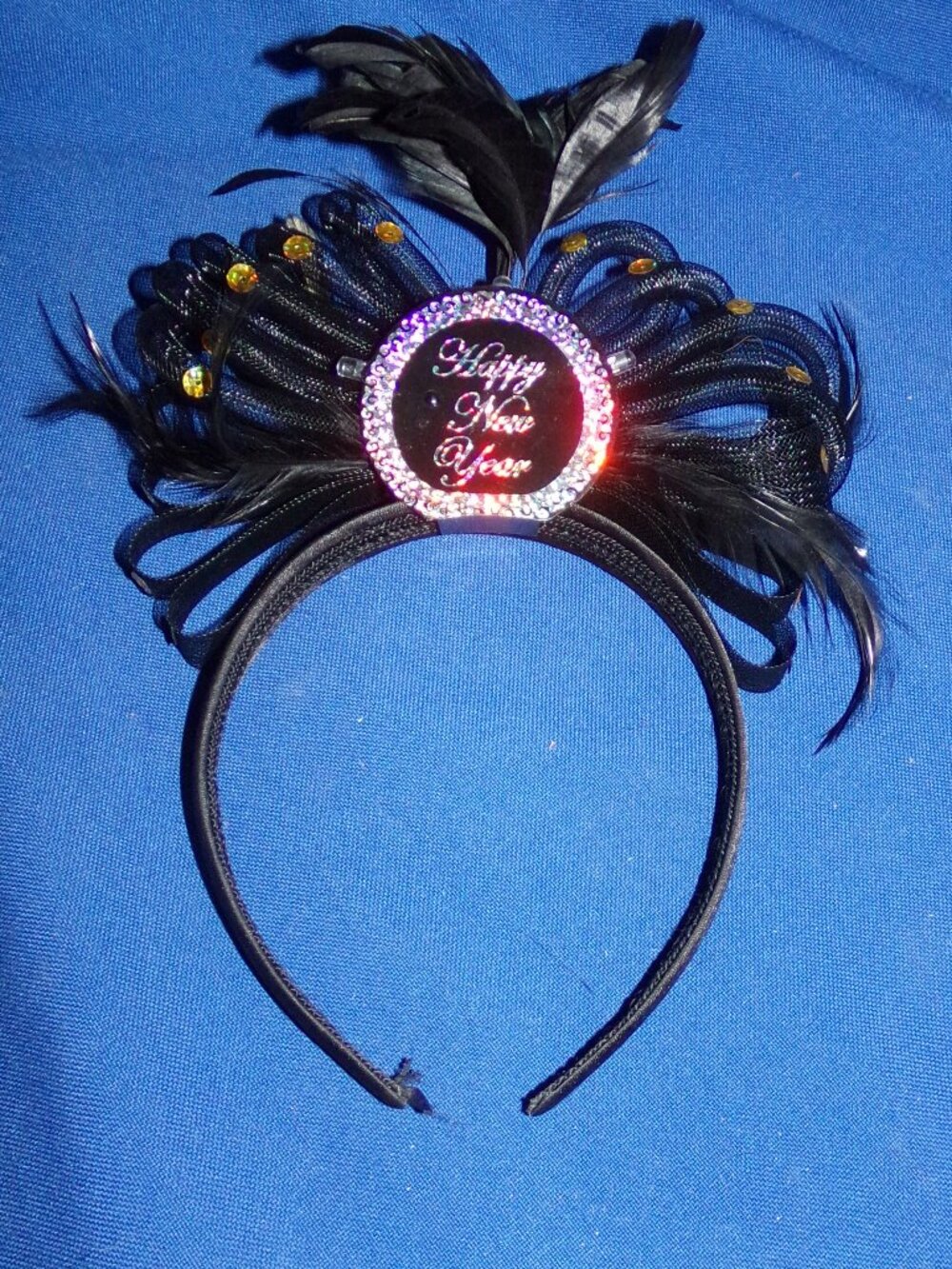 Vintage Black Feather, Ribbon & Sequins Happy New Year Satin Headband